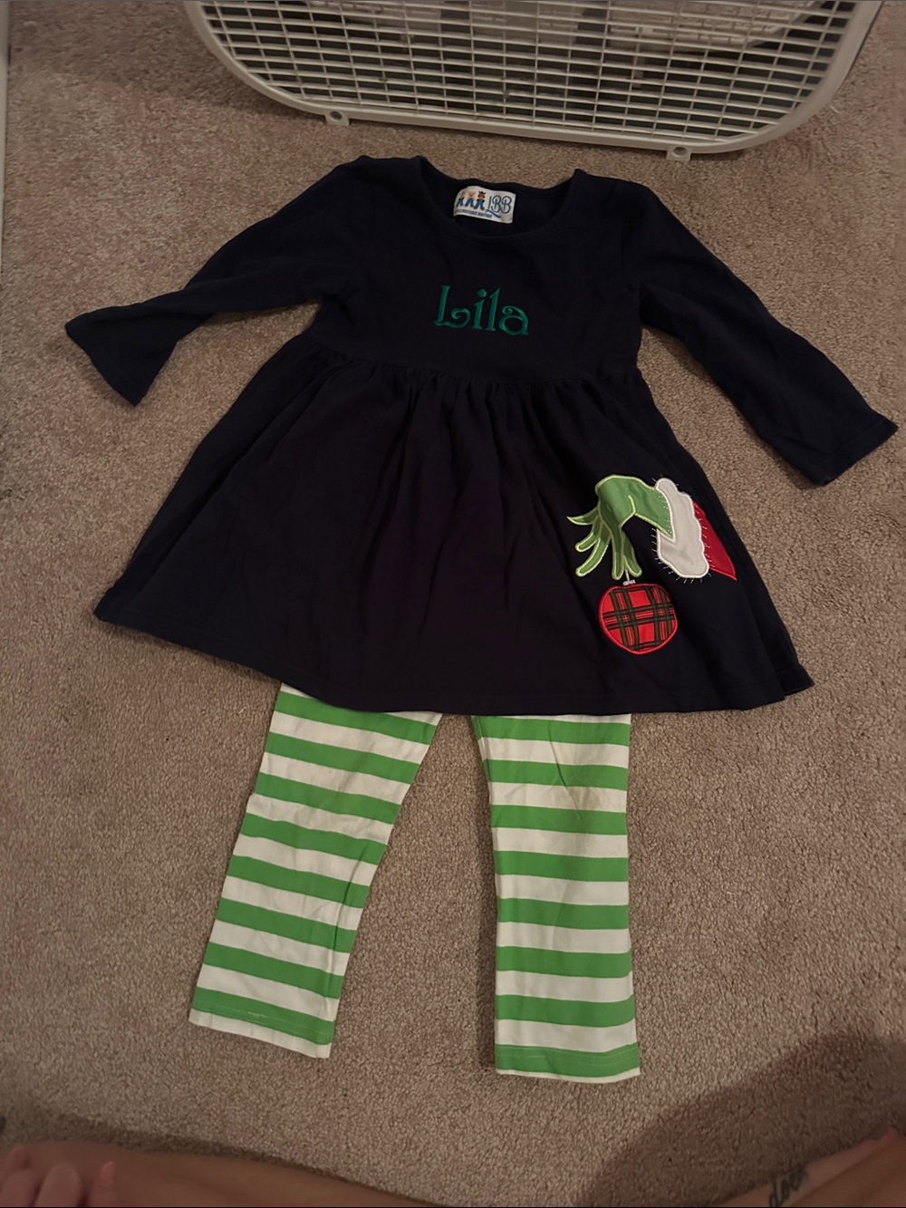 LILA -Little britches boutique Navy & Grn Xmas Dress Set w/ Striped Leggings